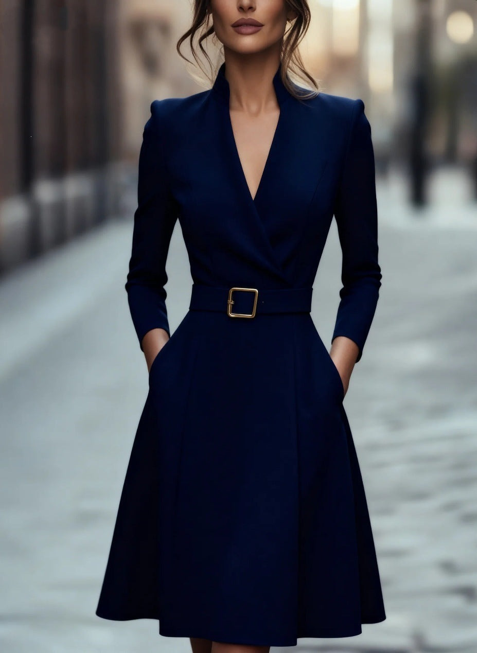 V-Neck Long Sleeve Swing Dress