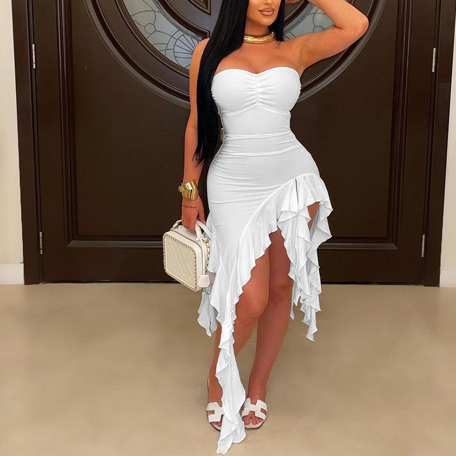 Tube Top Solid Color Ruffles Dress