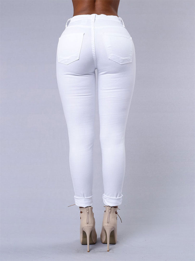 High Quality Women Casual Hole Jeans High Waist Skinny Pant