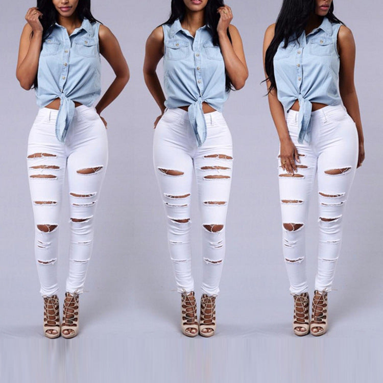 High Quality Women Casual Hole Jeans High Waist Skinny Pant