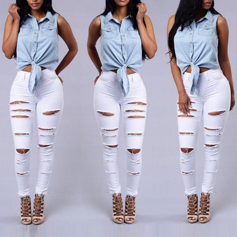High Quality Women Casual Hole Jeans High Waist Skinny Pant