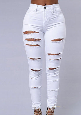 High Quality Women Casual Hole Jeans High Waist Skinny Pant