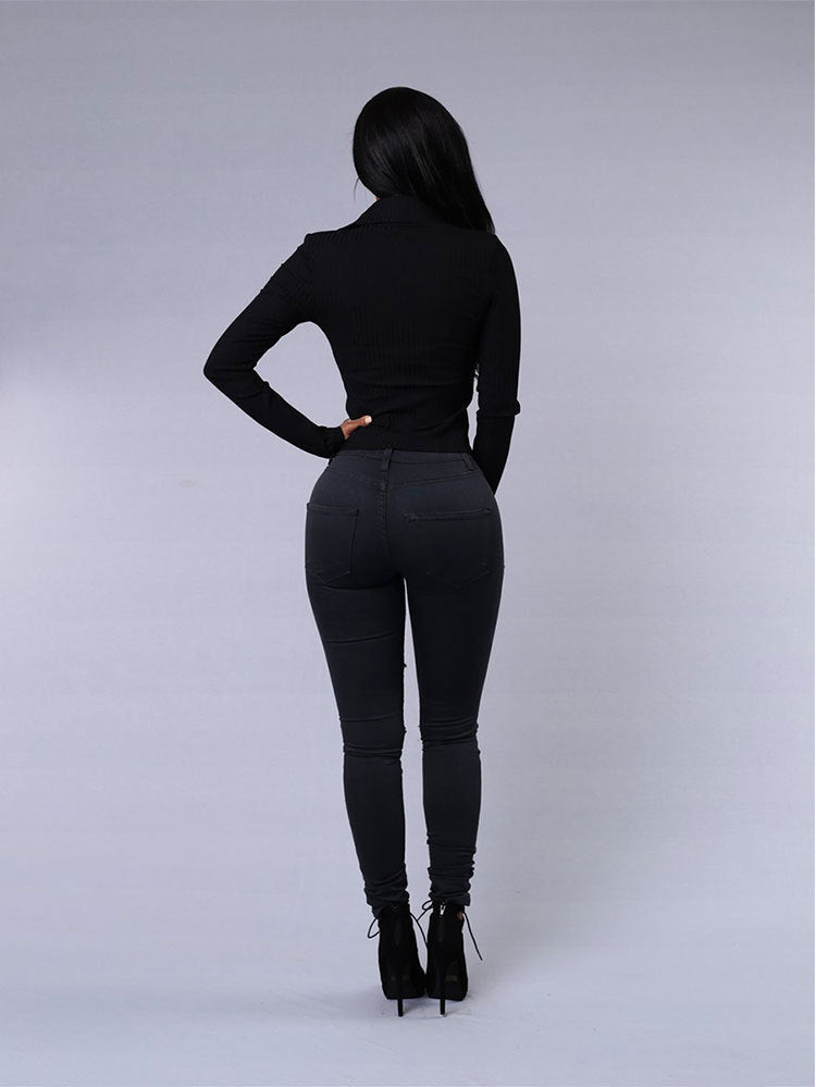 High Quality Women Casual Hole Jeans High Waist Skinny Pant