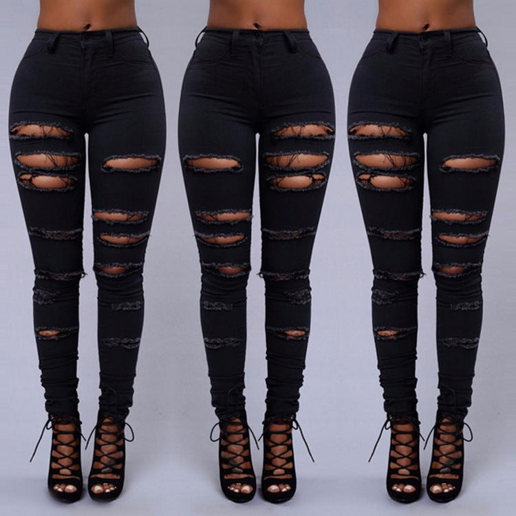 High Quality Women Casual Hole Jeans High Waist Skinny Pant