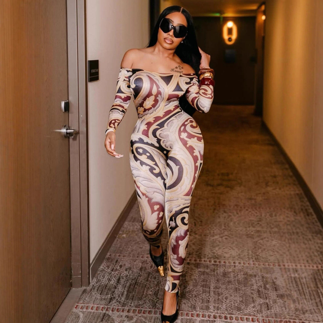 Sexy Print Off-shoulder Cinched Bodycon One-piece