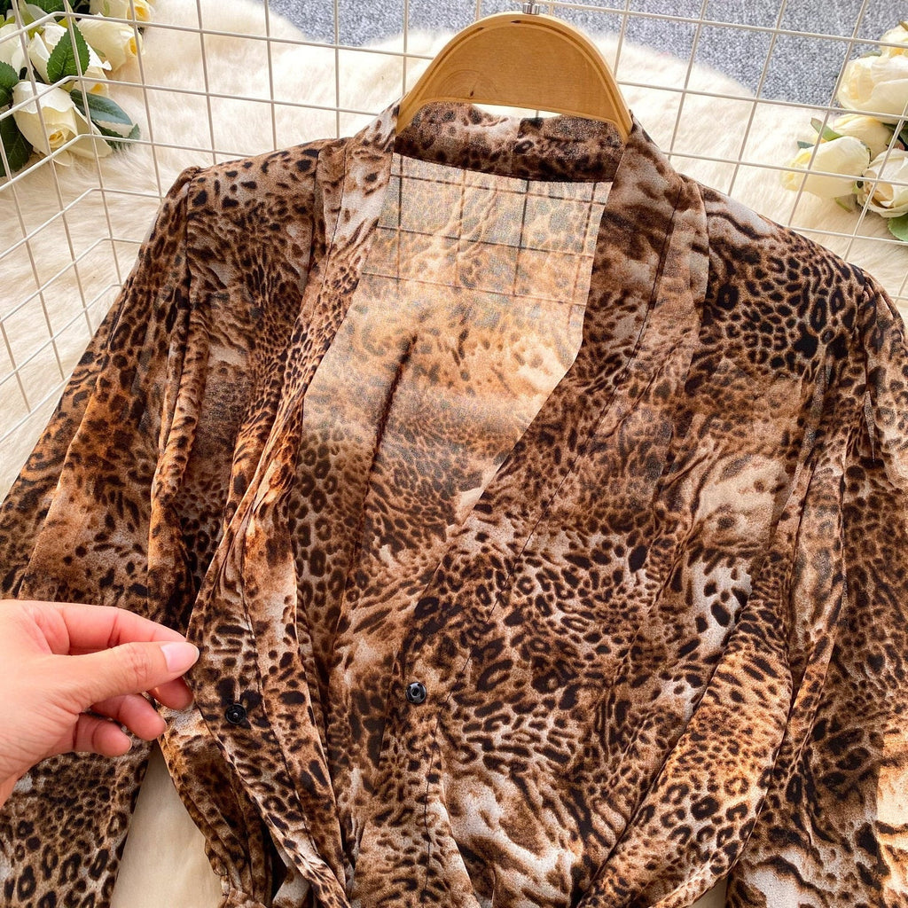 Tie-Waist Leopard Print Blouse - Lantern Sleeve, Versatile and Chic Belted Shirt