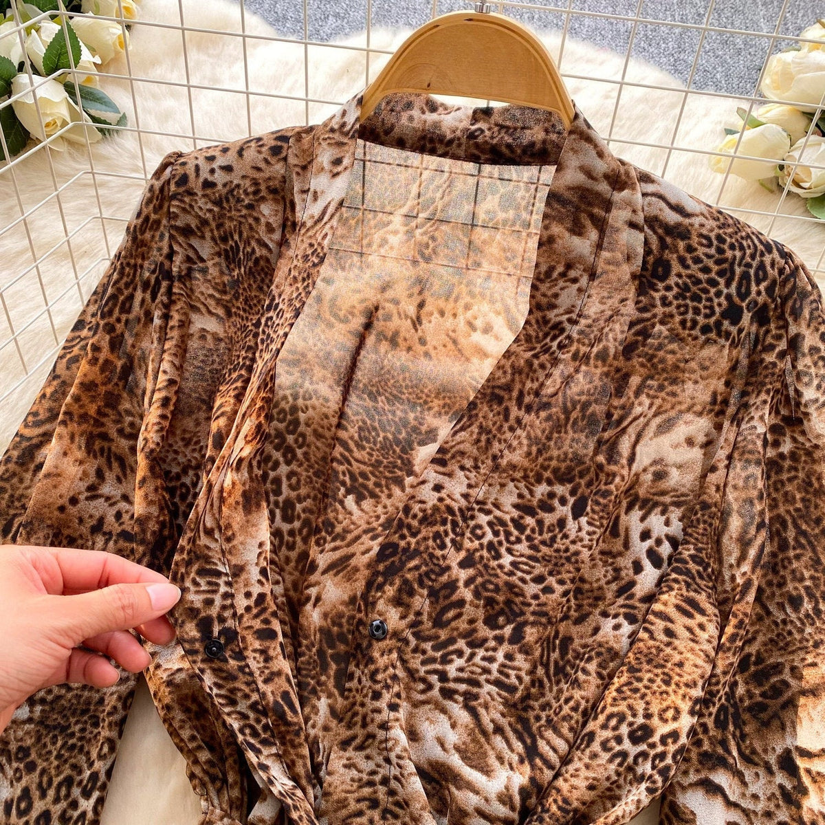 Tie-Waist Leopard Print Blouse - Lantern Sleeve, Versatile and Chic Belted Shirt
