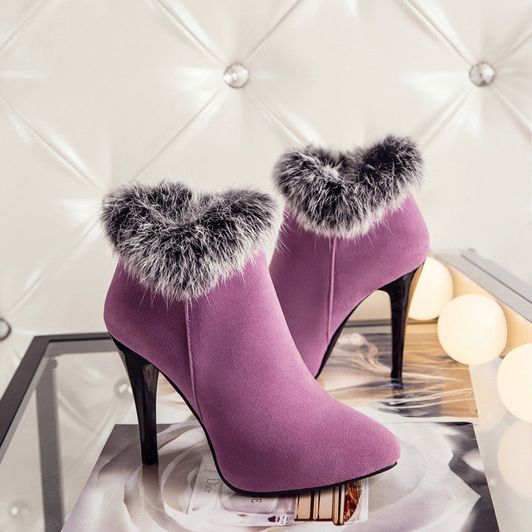 Fur Booties Plus Size Pointed High Heels