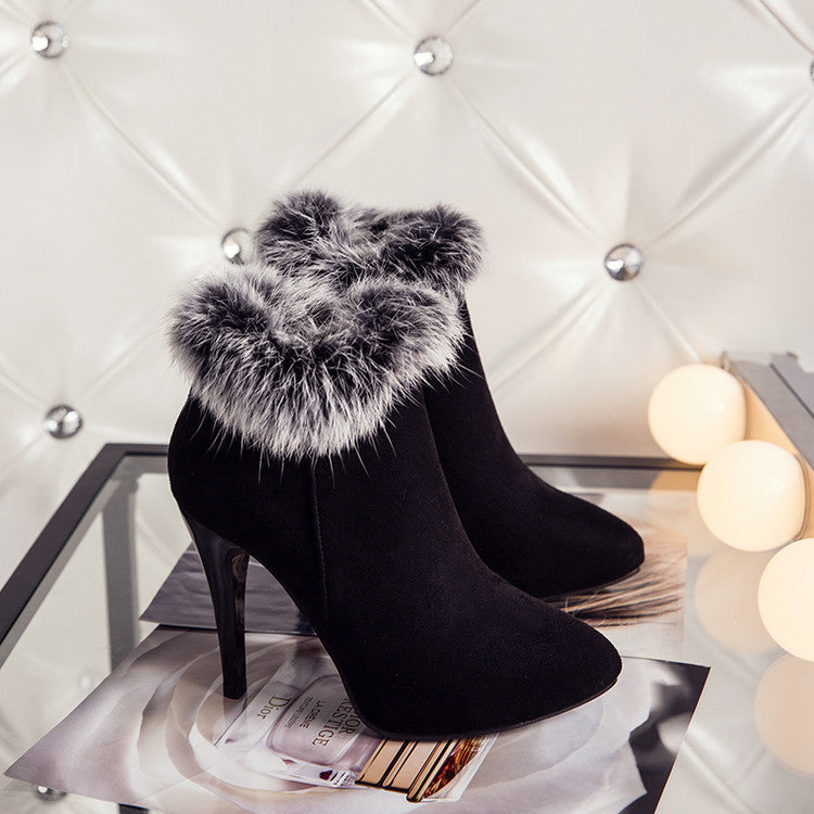 Fur Booties Plus Size Pointed High Heels