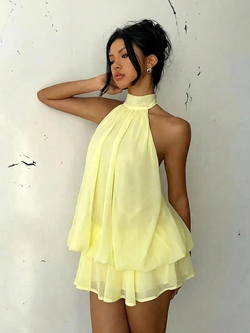 Women's Chiffon Halter Mini Dress – High-Waist Open-Back