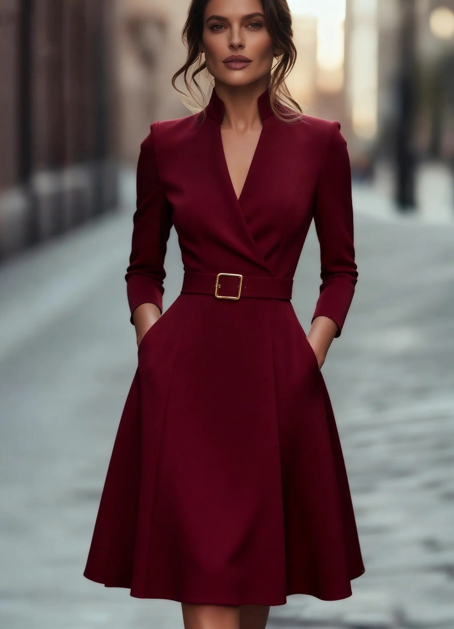 V-Neck Long Sleeve Swing Dress