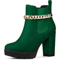 Allegra K Womens Size 7 Green 4" Heel Boots Round Toe Gold Ankle Chain Shoes