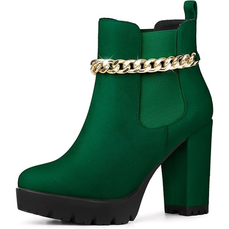Allegra K Womens Size 7 Green 4" Heel Boots Round Toe Gold Ankle Chain Shoes