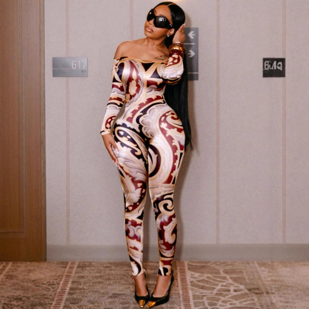 Sexy Print Off-shoulder Cinched Bodycon One-piece