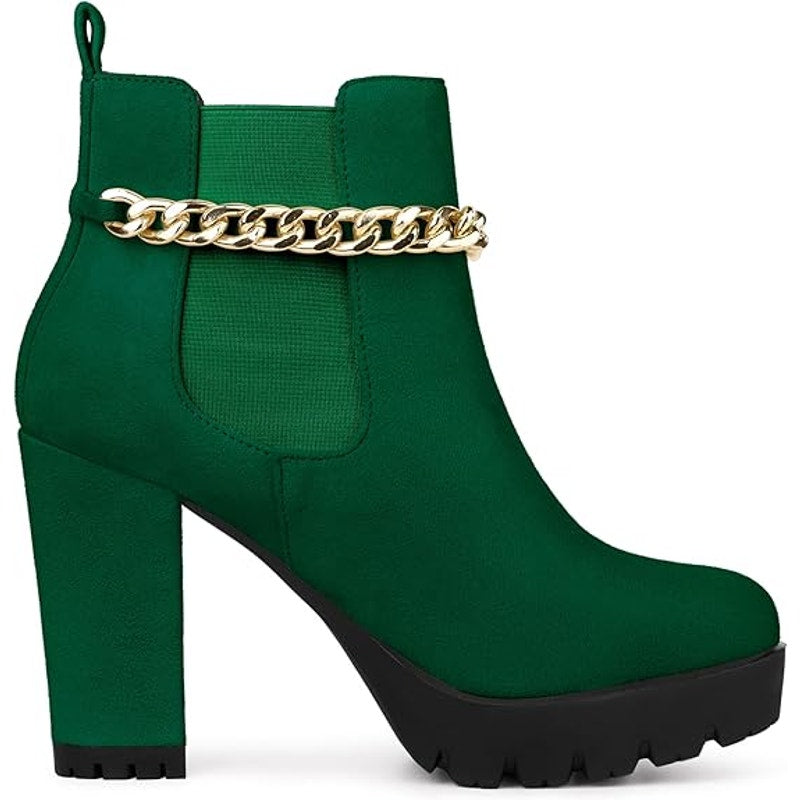Allegra K Womens Size 7 Green 4" Heel Boots Round Toe Gold Ankle Chain Shoes