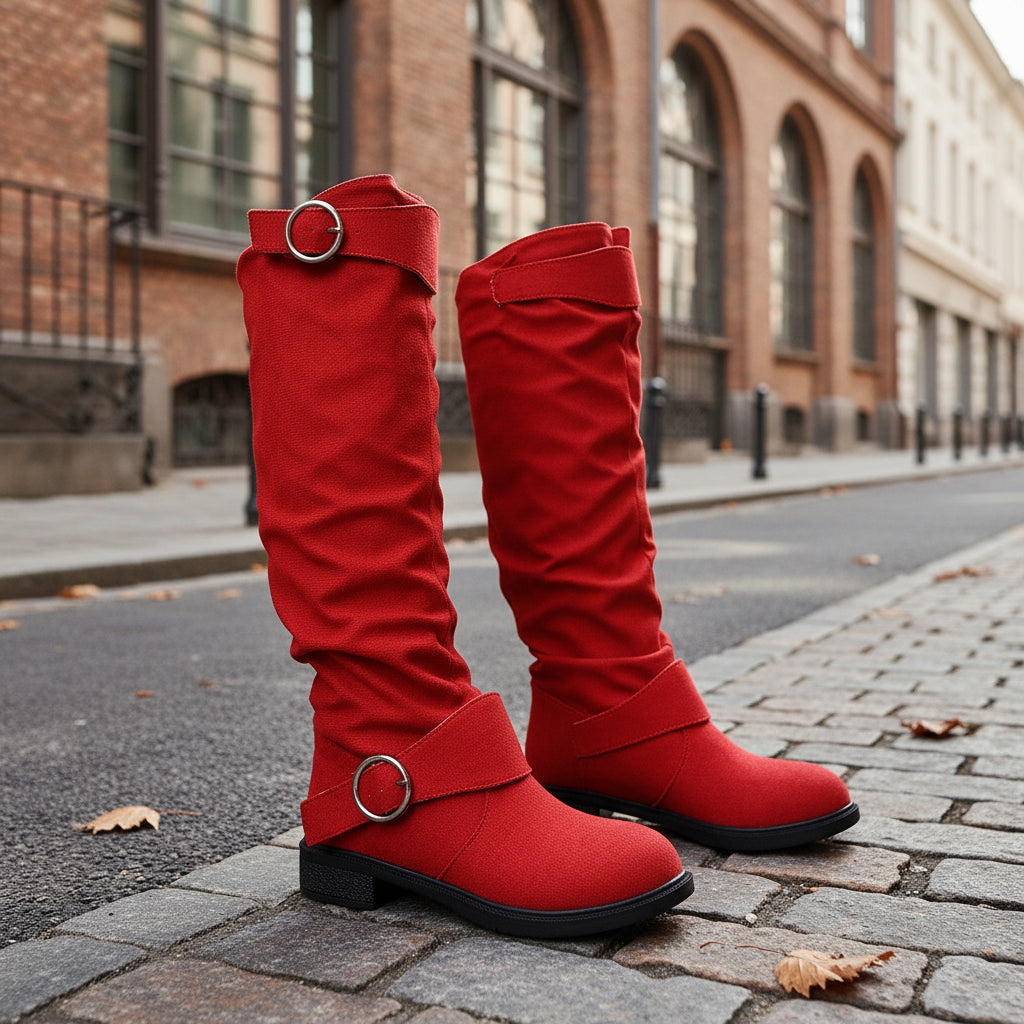 Pleated Flat-Bottom Western Boots with Belt Buckle