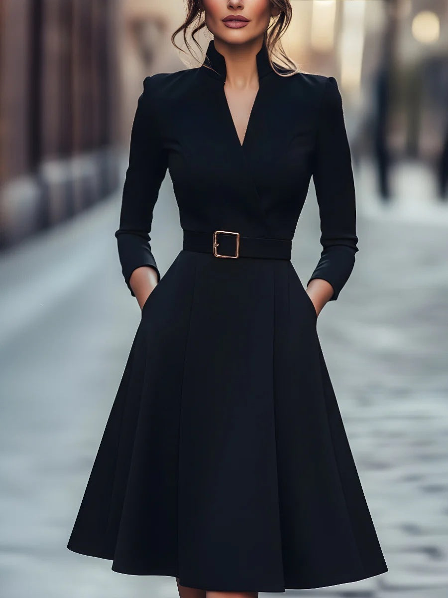 V-Neck Long Sleeve Swing Dress