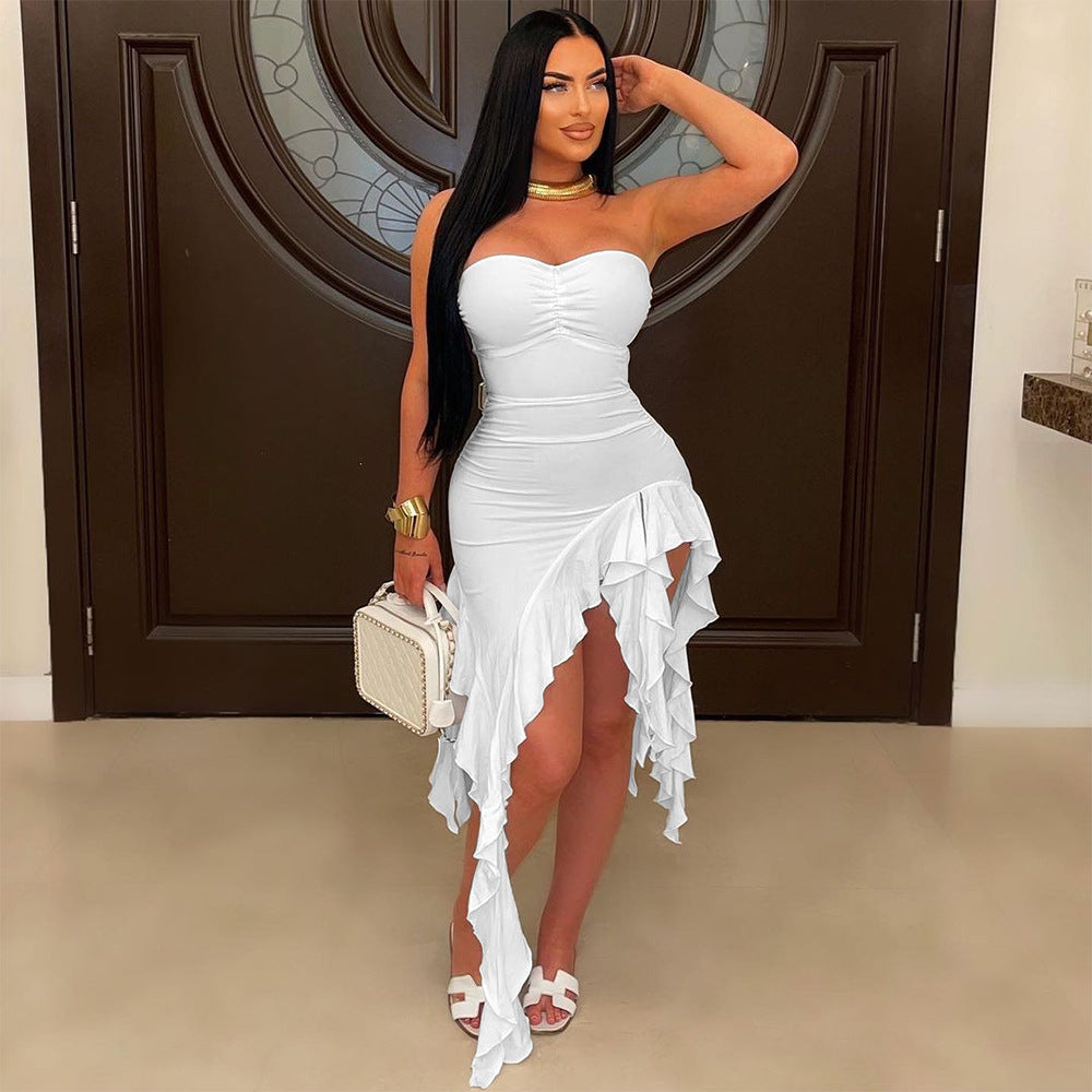 Tube Top Solid Color Ruffles Dress