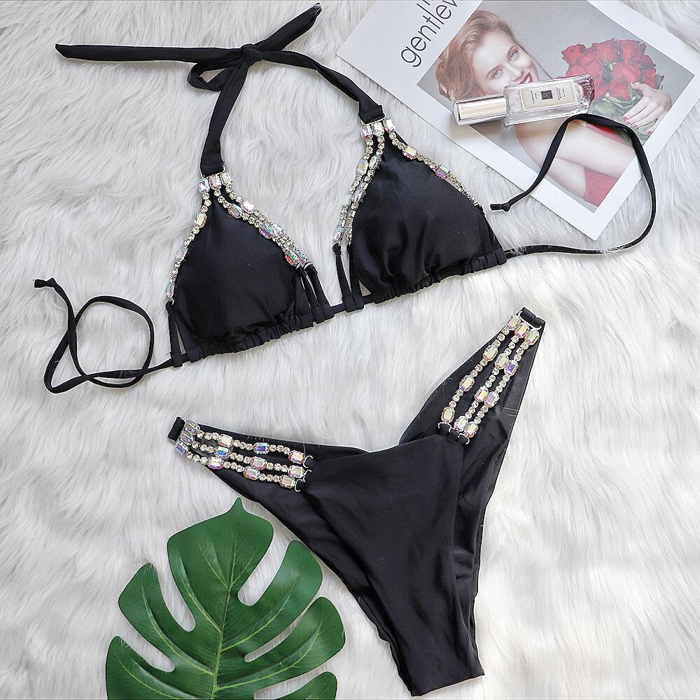 Sexy Metal Accessories Rhinestone Women Split Bikini
