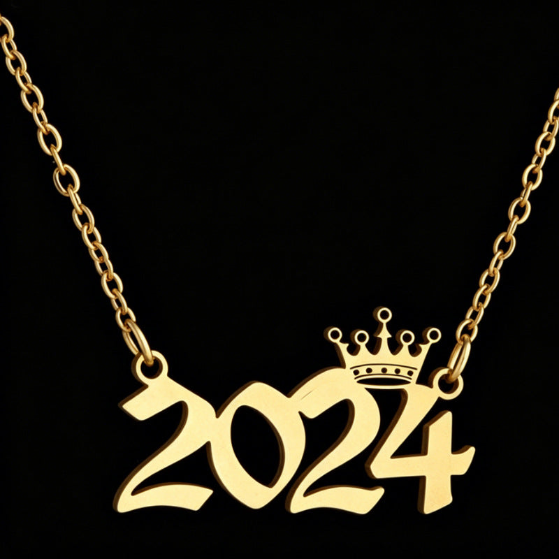 Women's Stainless Steel Light Luxury Crown Digital Metallic Necklace