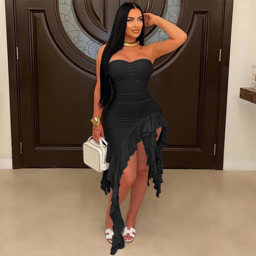 Tube Top Solid Color Ruffles Dress