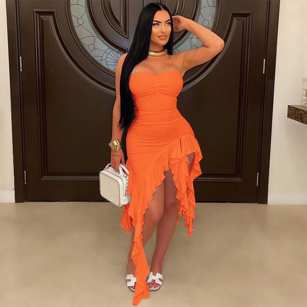 Tube Top Solid Color Ruffles Dress