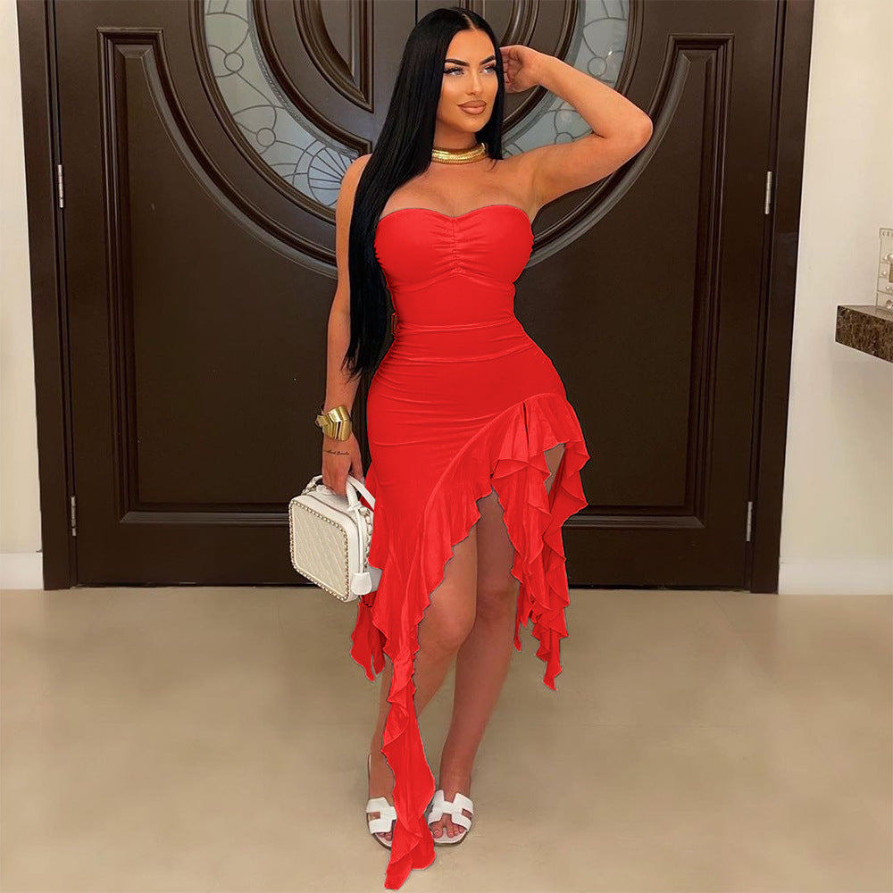Tube Top Solid Color Ruffles Dress