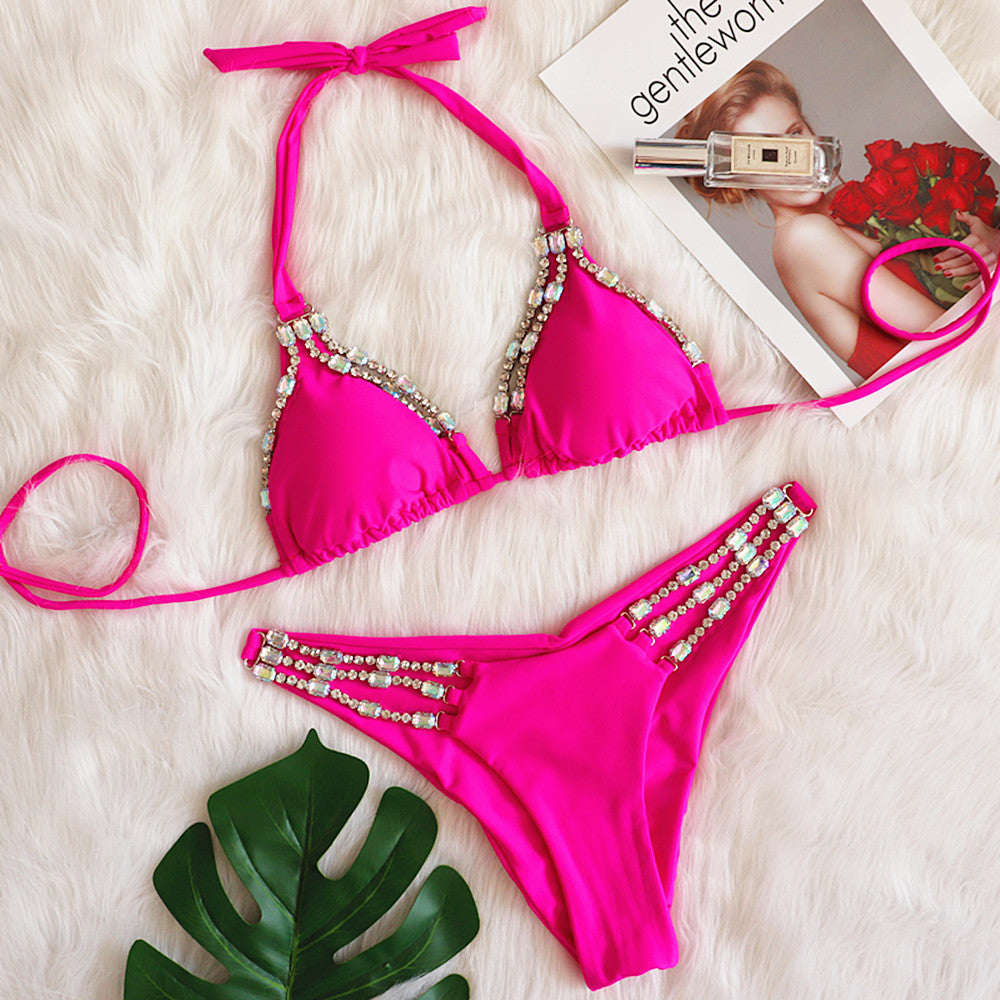 Sexy Metal Accessories Rhinestone Women Split Bikini