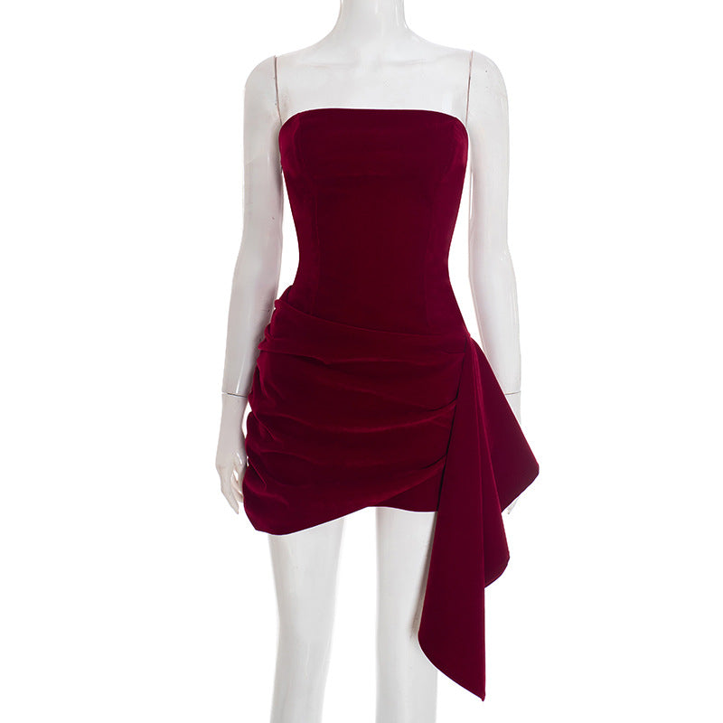 Elegant Graceful Suede Simple Tube Top Ribbon Short Dress