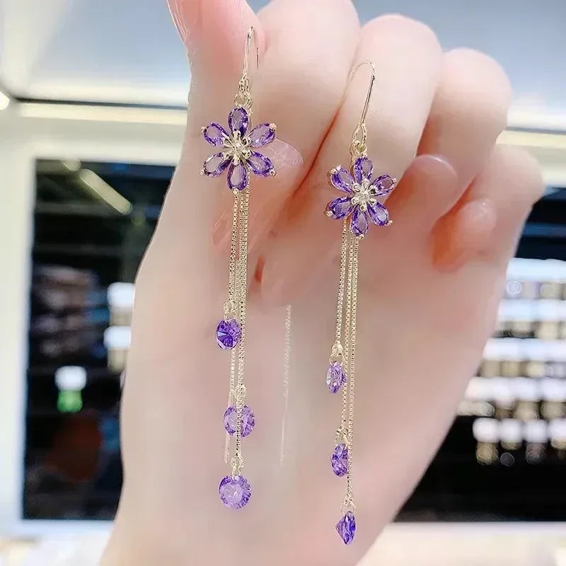Green Shiny Zircon Flower Drop Earrings
