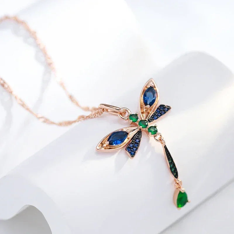 Kinel Hot Blue Natural Zircon Dragonfly Pendant Necklace