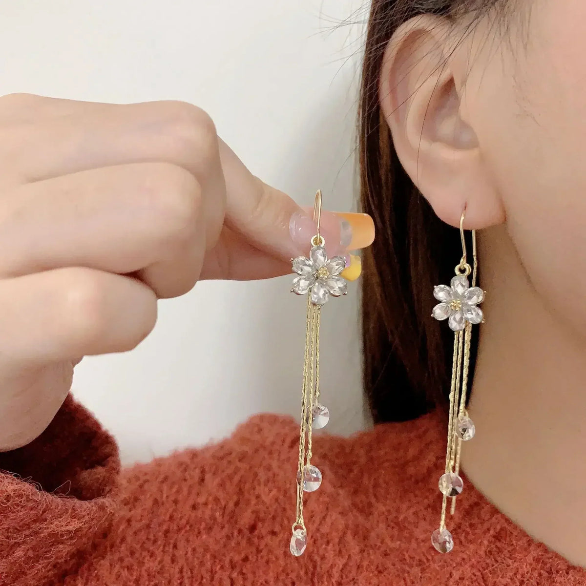 Green Shiny Zircon Flower Drop Earrings