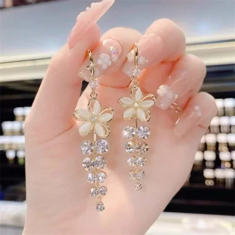 Green Shiny Zircon Flower Drop Earrings