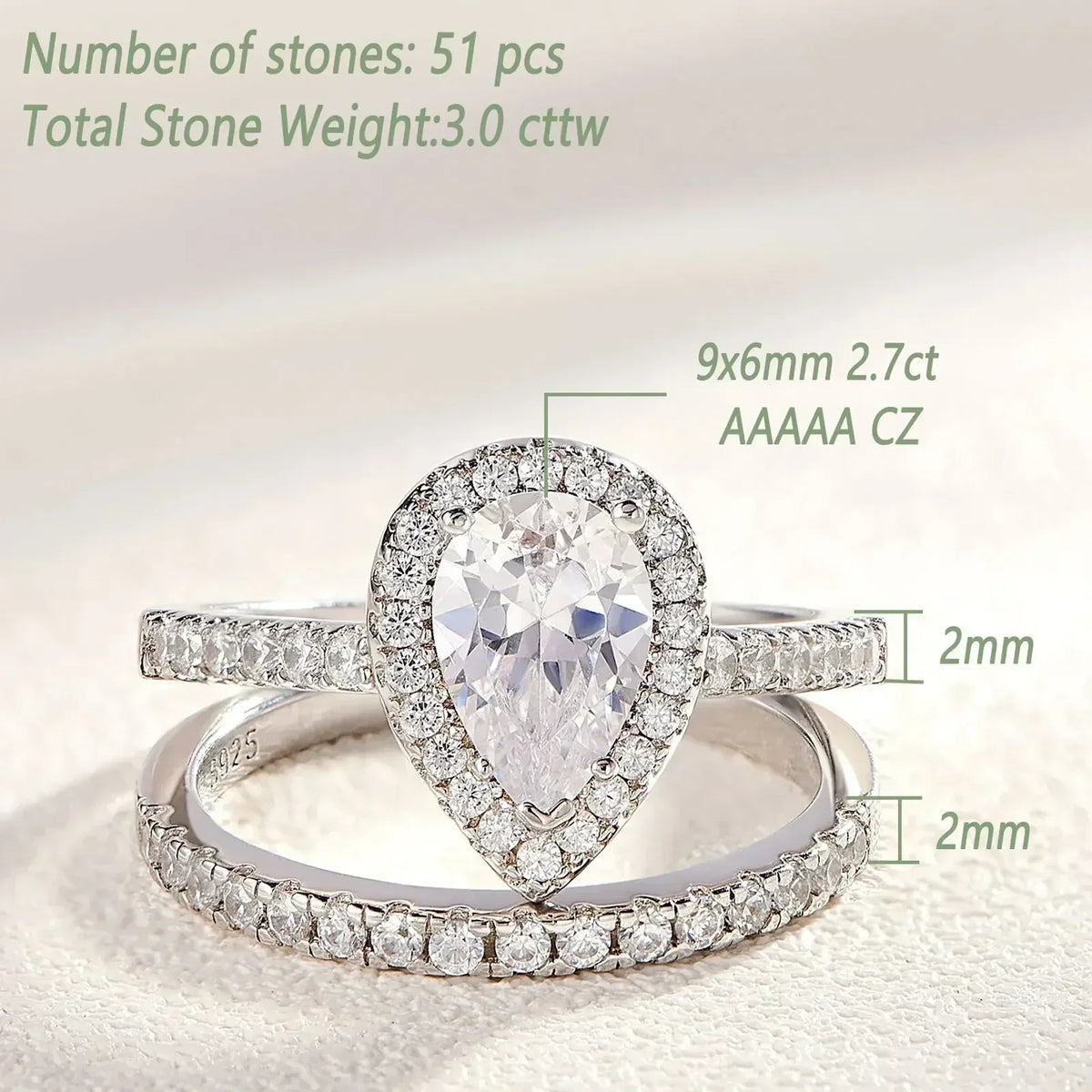 2 Piece Tear Drop Shape Ring .925