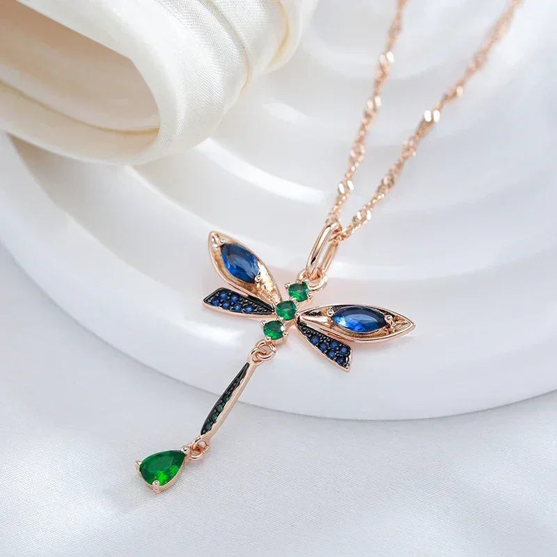 Kinel Hot Blue Natural Zircon Dragonfly Pendant Necklace