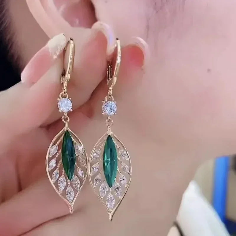 Green Shiny Zircon Flower Drop Earrings
