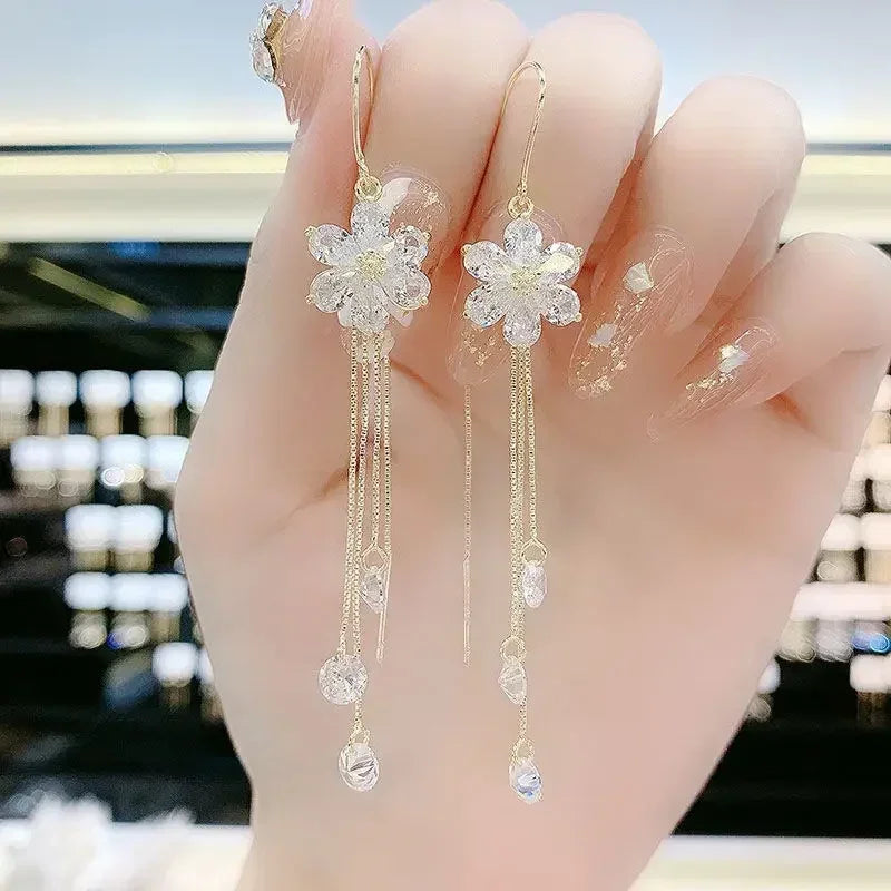 Green Shiny Zircon Flower Drop Earrings
