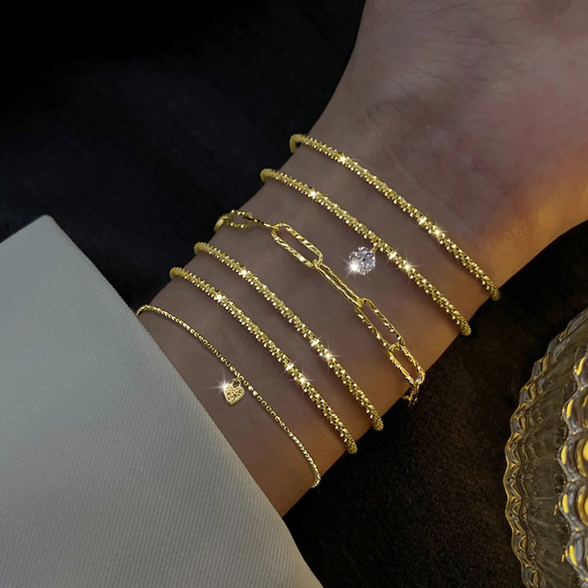 6 Pcs Fashion Gold Color Sparkling Adjustable Bracelets Set