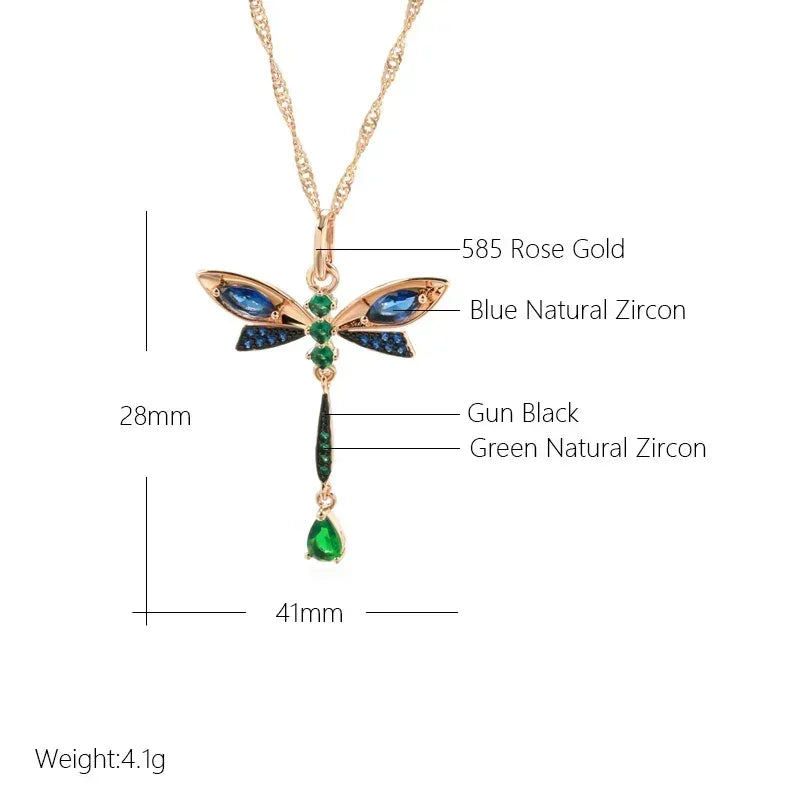 Kinel Hot Blue Natural Zircon Dragonfly Pendant Necklace
