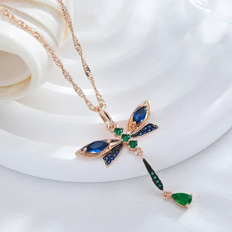 Kinel Hot Blue Natural Zircon Dragonfly Pendant Necklace
