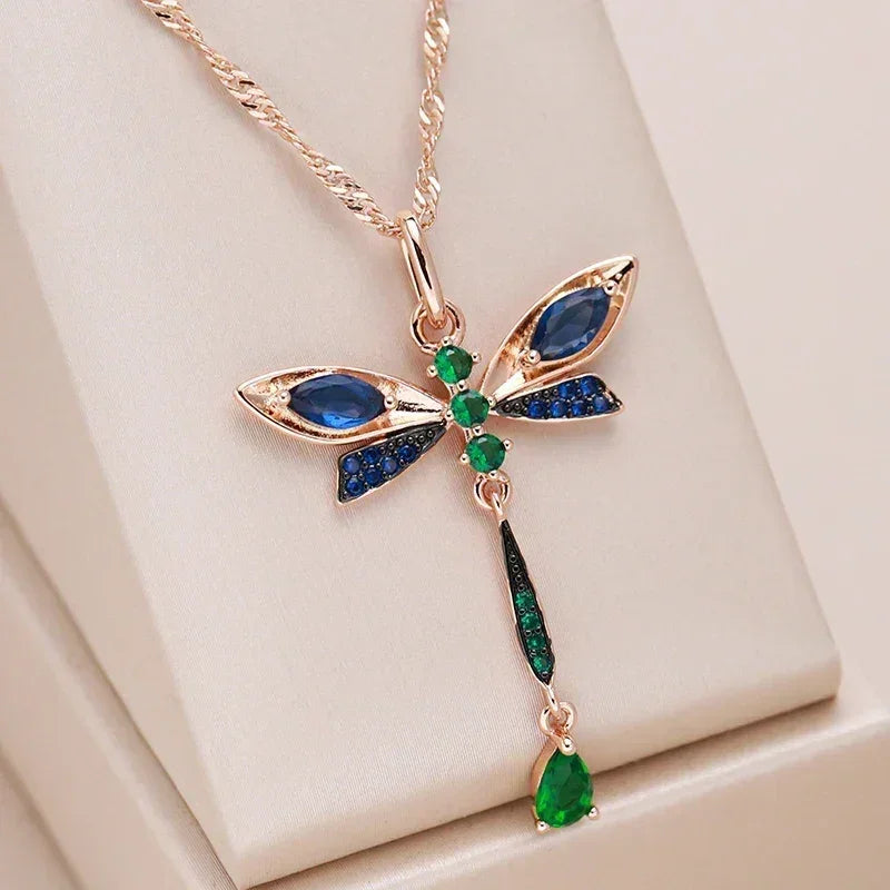 Kinel Hot Blue Natural Zircon Dragonfly Pendant Necklace