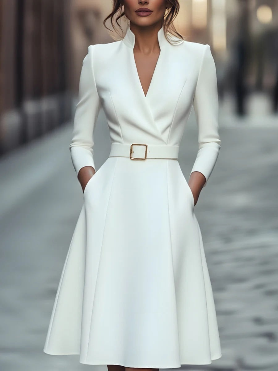 V-Neck Long Sleeve Swing Dress