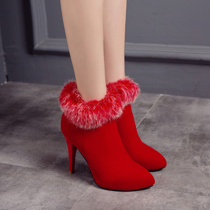 Fur Booties Plus Size Pointed High Heels