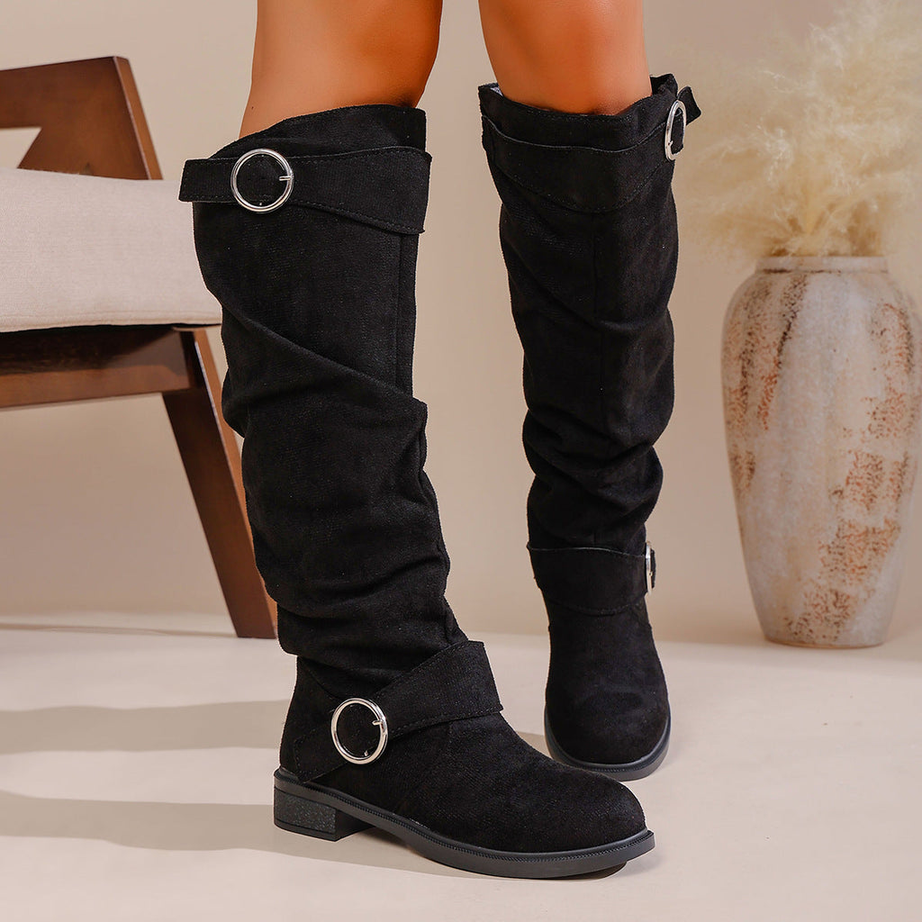 Pleated Flat-Bottom Western Boots with Belt Buckle