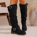 Pleated Flat-Bottom Western Boots with Belt Buckle