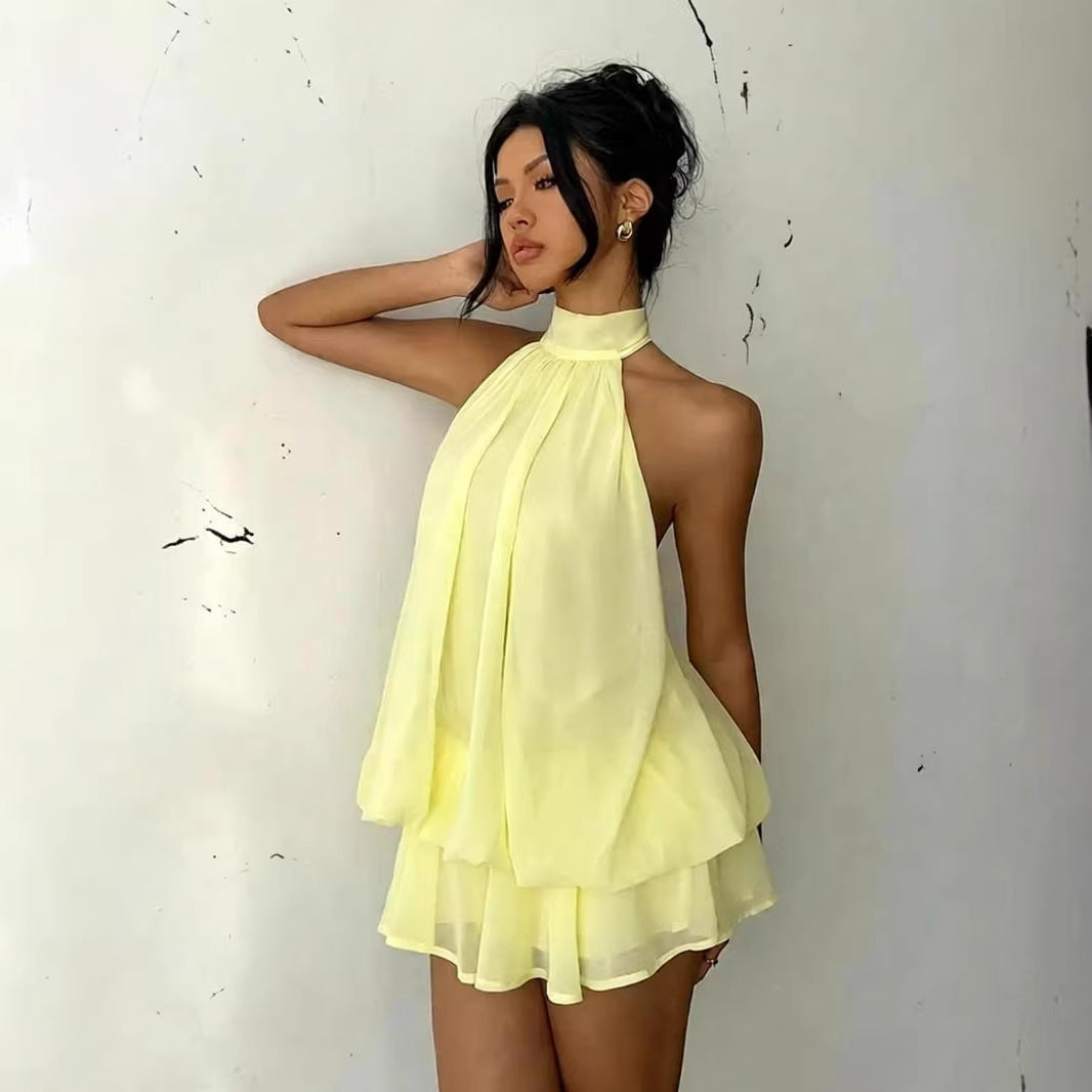 Women's Chiffon Halter Mini Dress – High-Waist Open-Back