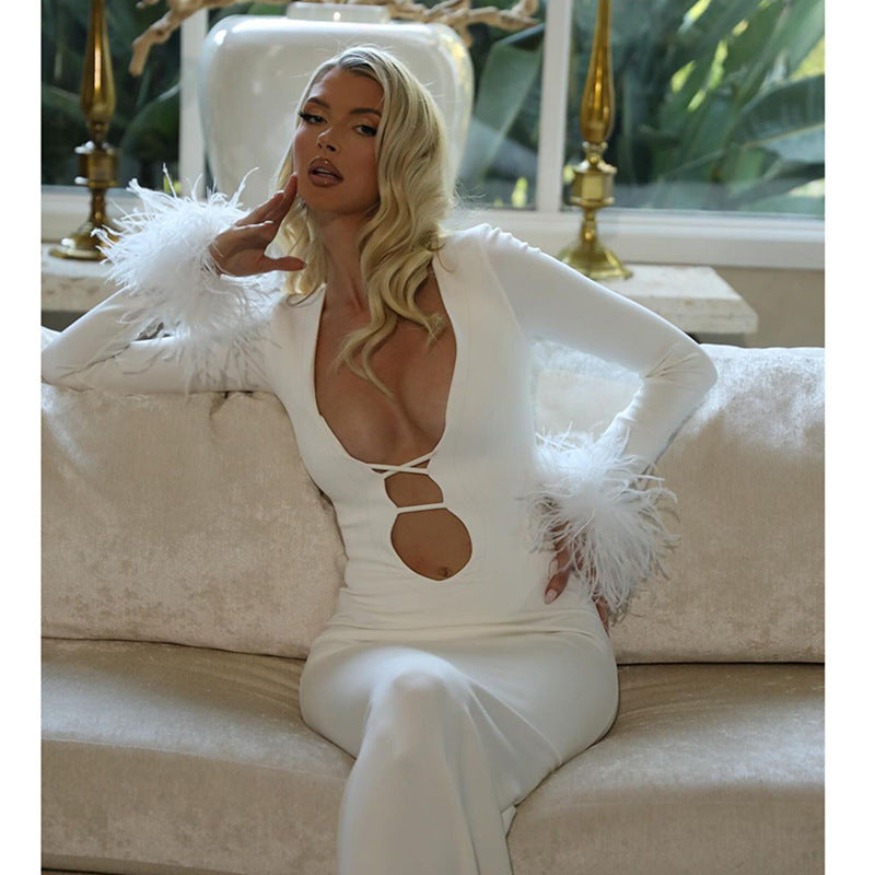 New sexy White Feather Long Dress