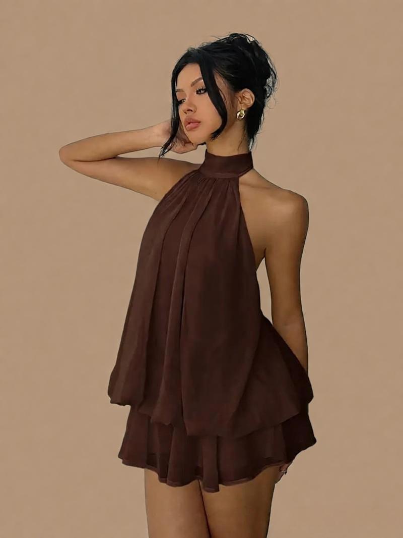 Women's Chiffon Halter Mini Dress – High-Waist Open-Back