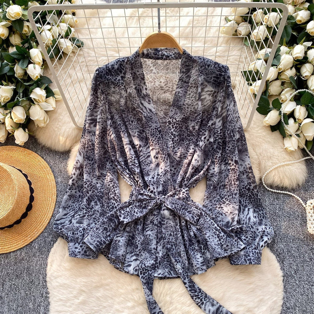 Tie-Waist Leopard Print Blouse - Lantern Sleeve, Versatile and Chic Belted Shirt