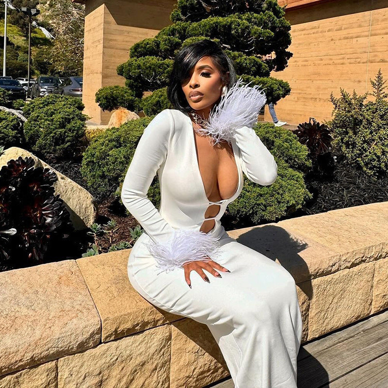 New sexy White Feather Long Dress
